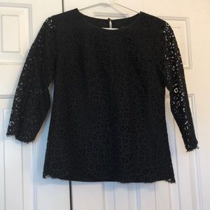 J. Crew 0 black lace top with sheer sleeves